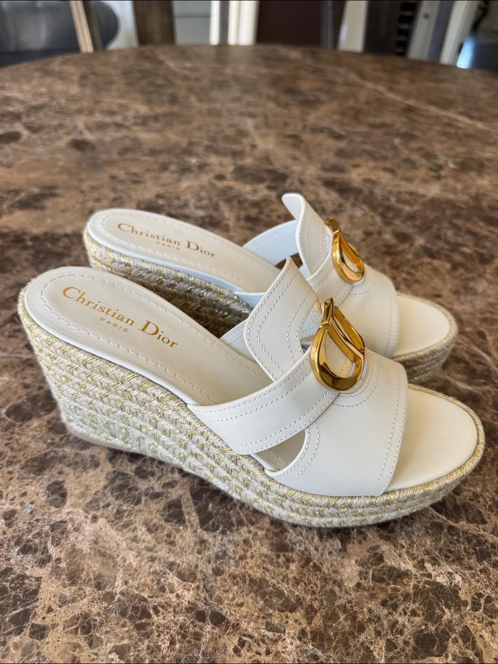 Christian Dior 30 Montaigne white wedge sandal gold logo sz 39